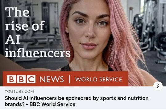 Image of a photorealistic female with pink hair. Title superimposed reads, TheRise of AI influencers. Banner at bottom: BBC News World Service.