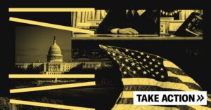 Yellow-tinted collage of images of the US Capital Building, a US flag , and a person's arm rested atop a desk of a US official.