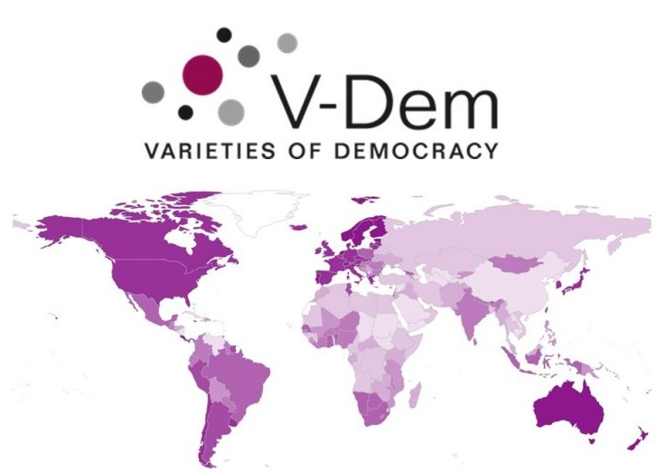 V-Dem. Varieties of Democracy. Map of the world with countries marked with different opacity values of the color purple.