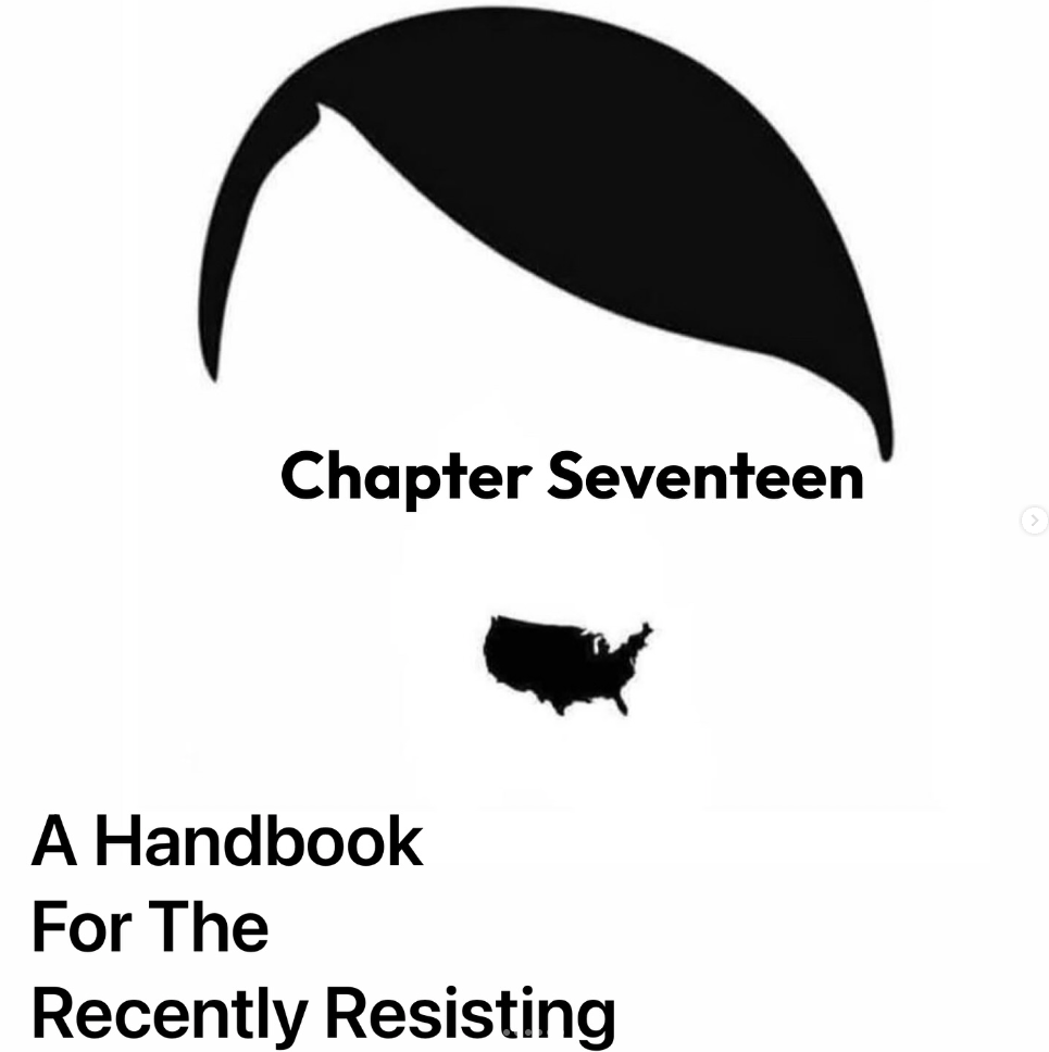 Abstract of Adolf Hilter's face using the words "Chapter Seventeen" for eyes and the shape of the U.S. as the mustache. A Handbook For The Recently Resisting.